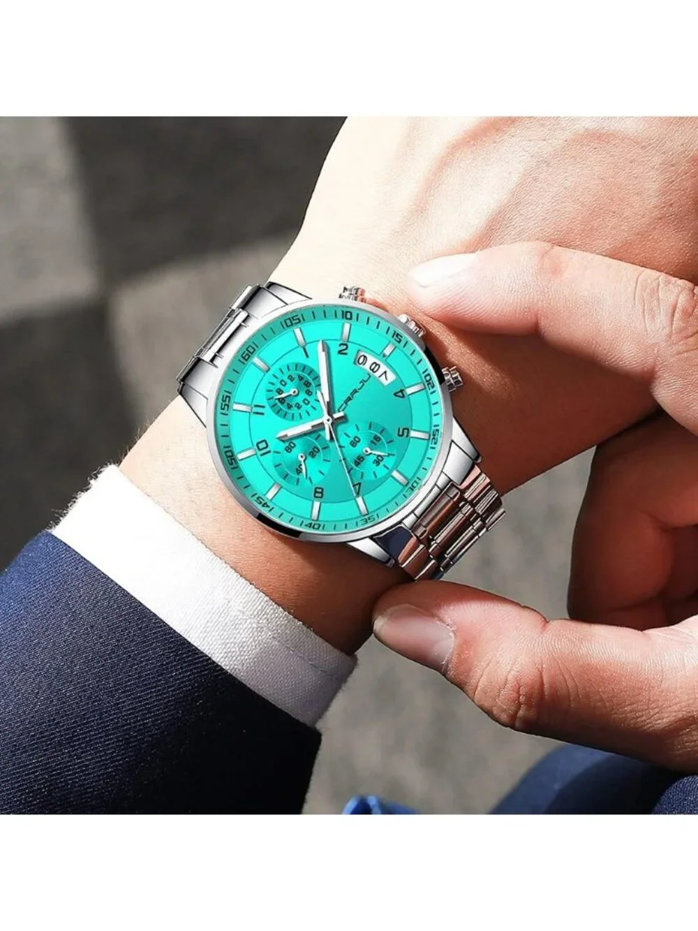 Men's Silver Sky Blue Analog Stainless Steel Waterproof Chronograph Wrist Watch